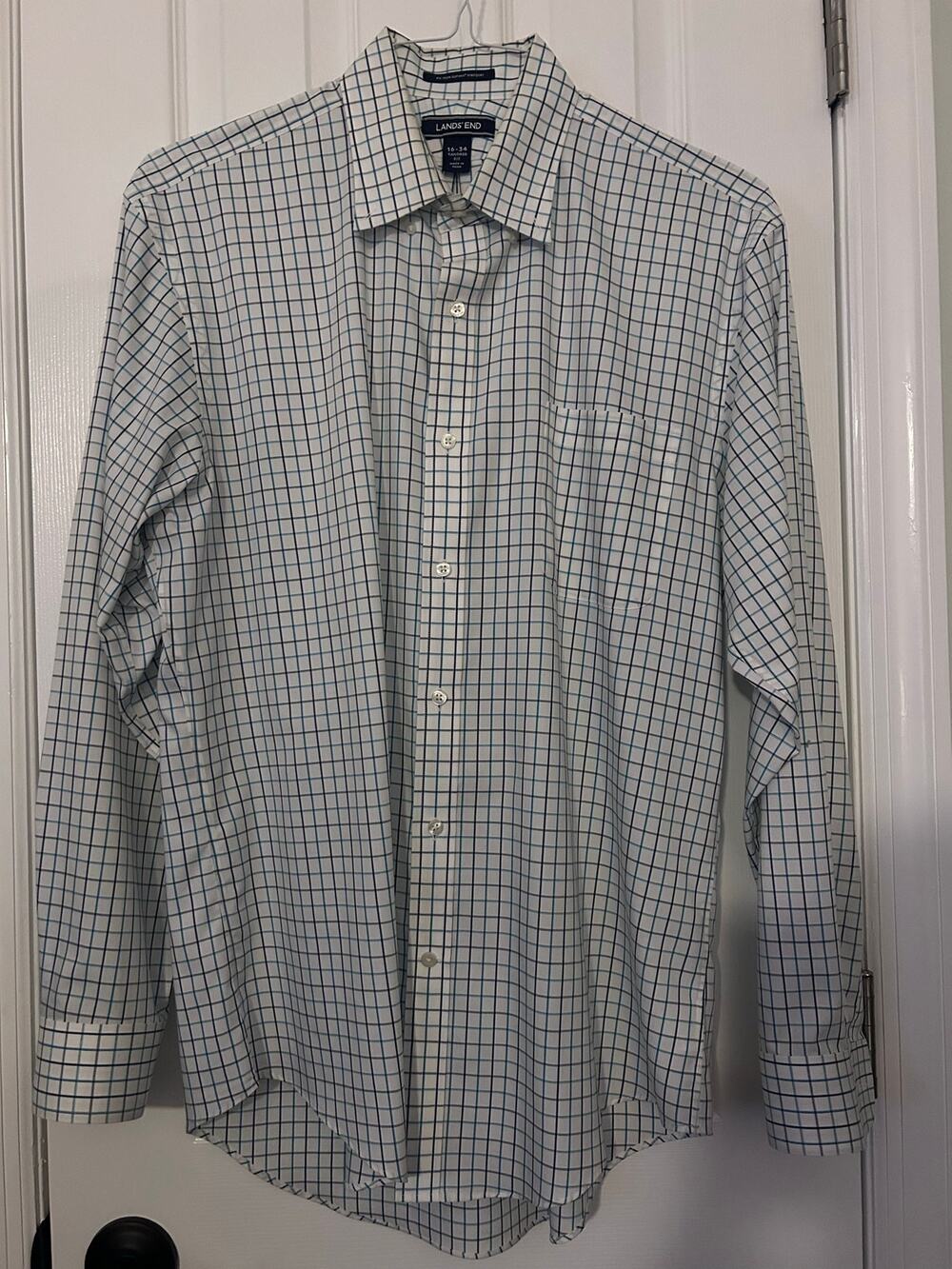 Lands End No Iron Supima Pinpoint Dress Shirt Men’s 16-34 Tailored Fit Plaid